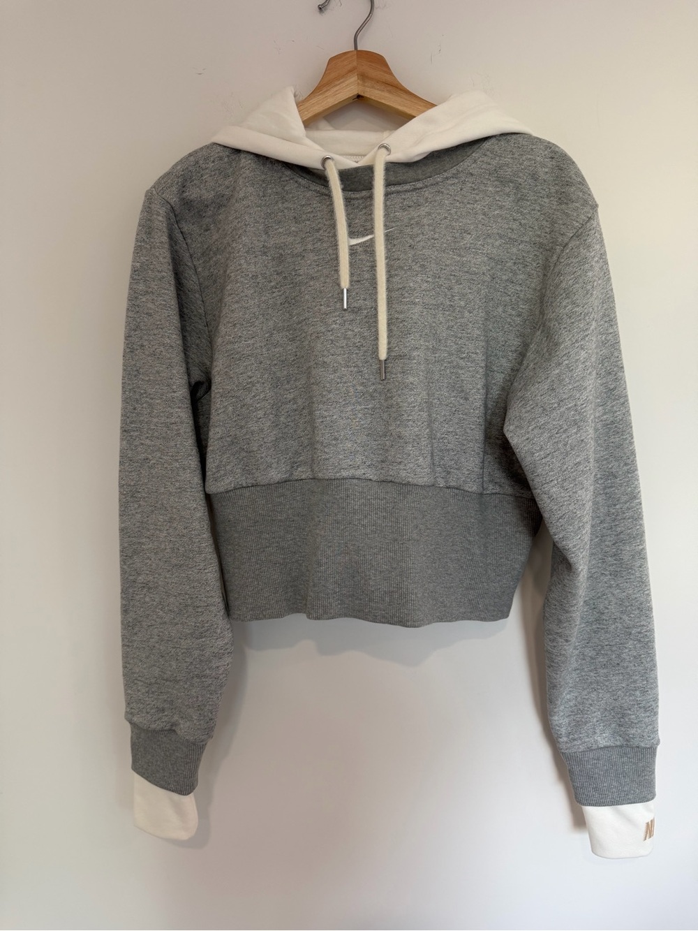 Nike Gray Cropped Hoodie Sweater with White Hood and Cuffs